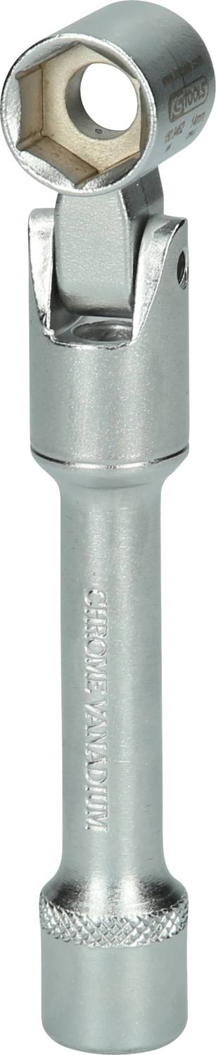 Ein silbernes Steckschlüsselgelenk. Es ermöglicht die Drehung in verschiedenen Winkeln für den Zugang zu schwer erreichbaren Schrauben.