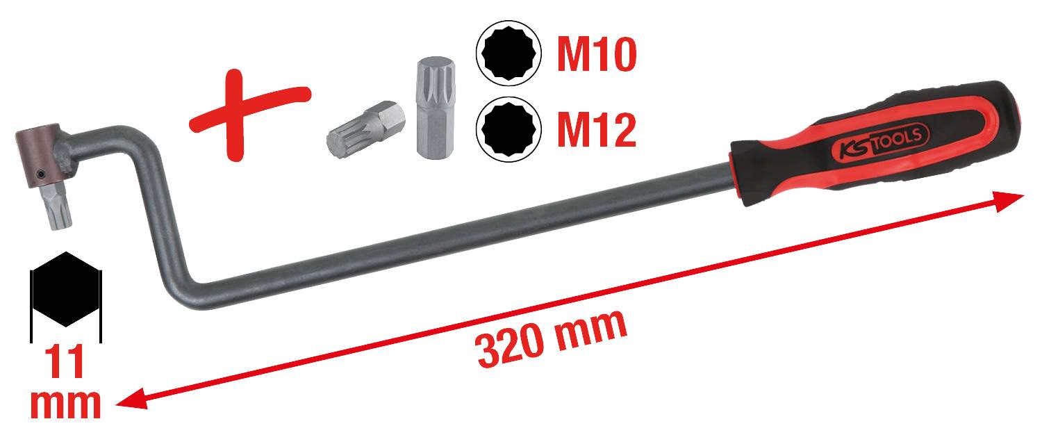 Innensechskant-Winkelschlüssel mit 320 mm Länge, ergonomischem Griff, 11 mm Kopf; kompatibel mit M10 und M12 Schrauben.