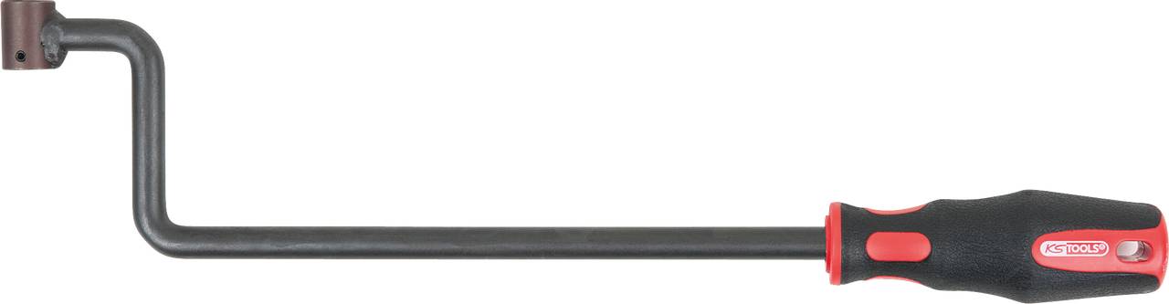 Kurbelarm-Schraubenschlüssel mit schwarzem Stahlarm und ergonomischem rotem Griff.