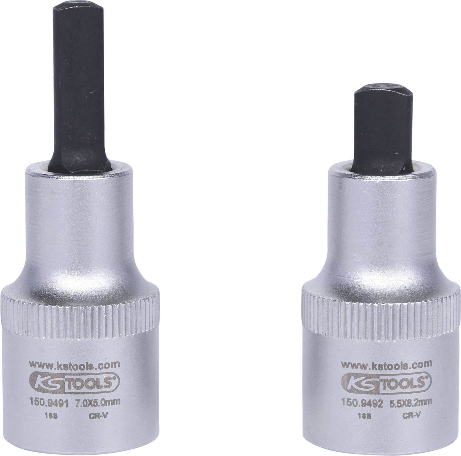 Zwei silberne Steckschlüsseleinsätze mit schwarz beschichteten Sechskantspitzen, markiert mit 'KS TOOLS' und Größenangaben.