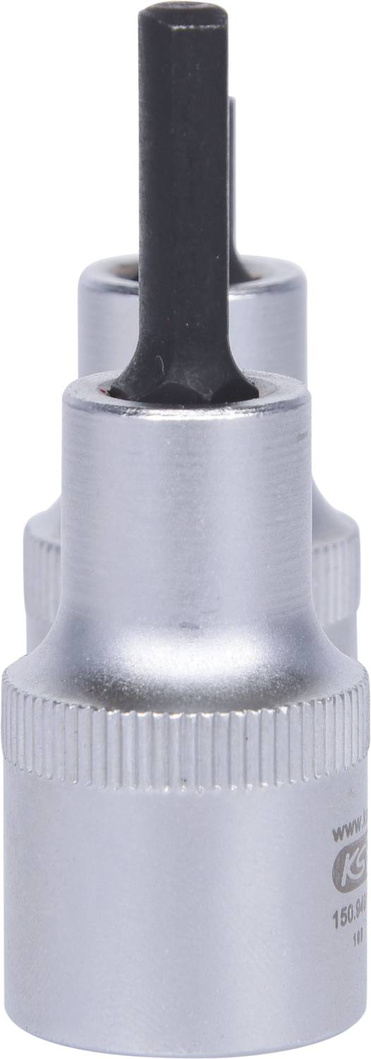 Drei silberne Sechskant-Bitaufsätze in einer Reihe aufgestellt, mit einem schwarzen Ende nach oben.