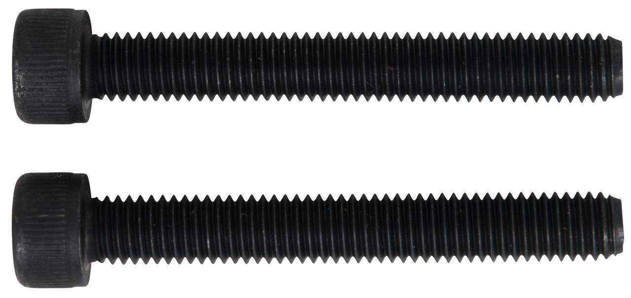 Zwei schwarze, durchgehende Schrauben mit sechskantigem Kopf, horizontal nebeneinander auf weißem Hintergrund platziert.