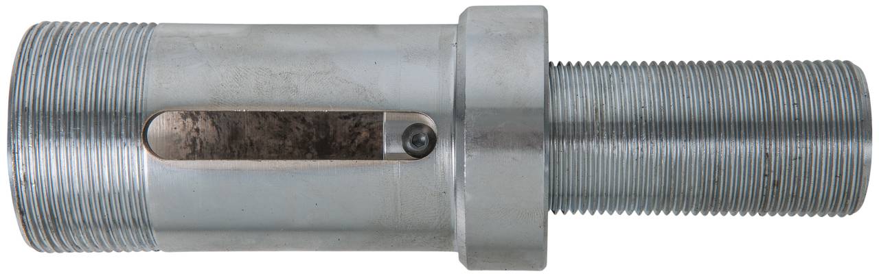 Zylinderförmiges, metallisches Werkstück mit Gewinde auf beiden Seiten und seitlichem Schlitz in der Mitte, möglicherweise ein Maschinenteil.
