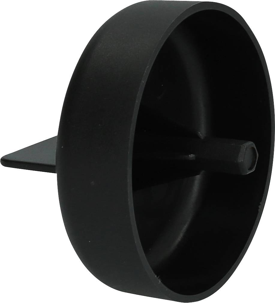 Schwarzes, rundes Kunststoffteil mit einem hervorstehenden, rechteckigen Stift in der Mitte, möglicherweise ein technischer Adapter.