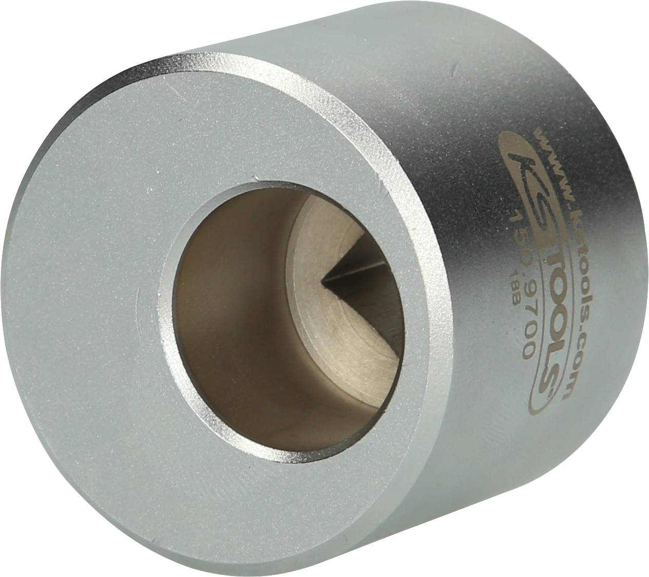 Ein silberner Metallaufsatz mit einer zylindrischen Form und einem konischen Innenbereich, mit der Aufschrift 'ks tools'.