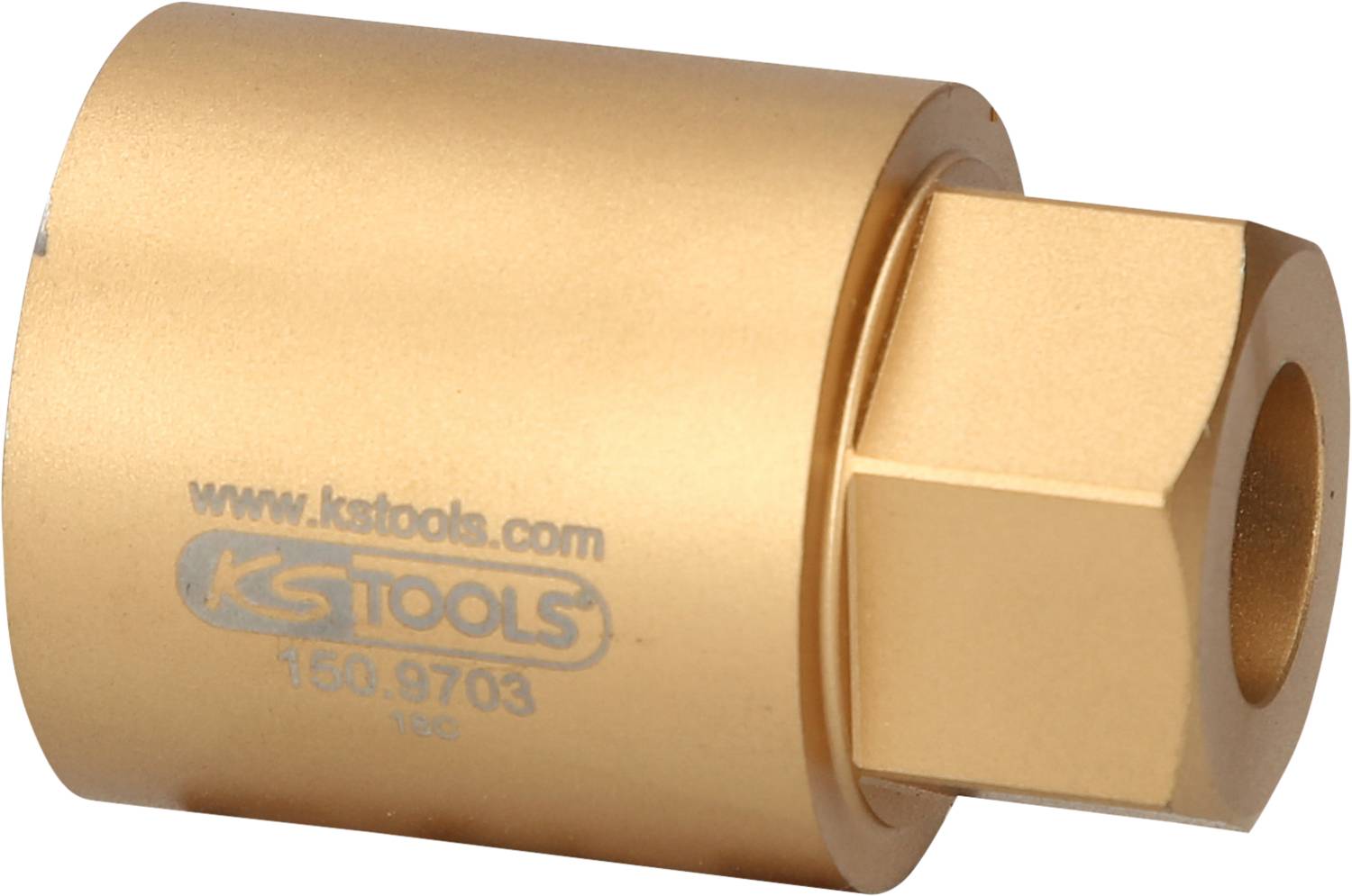 Goldene Adapter mit sechseckiger Öffnung und 'KSTools'-Logo. Geeignet für Werkzeuge, vermutlich zum Aufschrauben oder Befestigen.