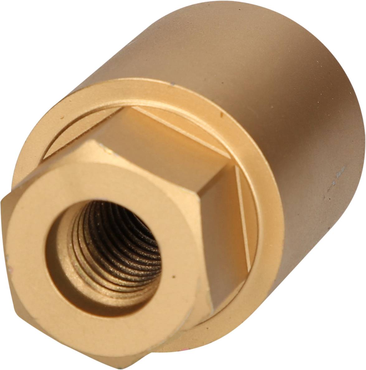 Ein goldfarbener, sechsseitiger Metallanschluss mit Innengewinde, möglicherweise für Sanitär- oder mechanische Verbindungen verwendet.