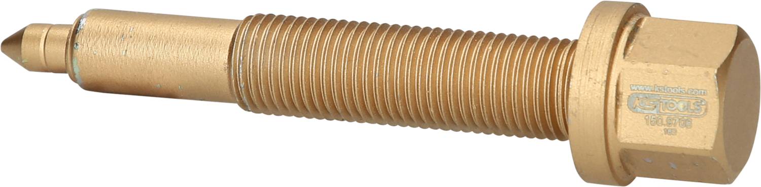 Messingfarbene Schraube mit Gewinde und sechseckigem Kopf, liegt horizontal. Verwendet für mechanische Befestigungen.