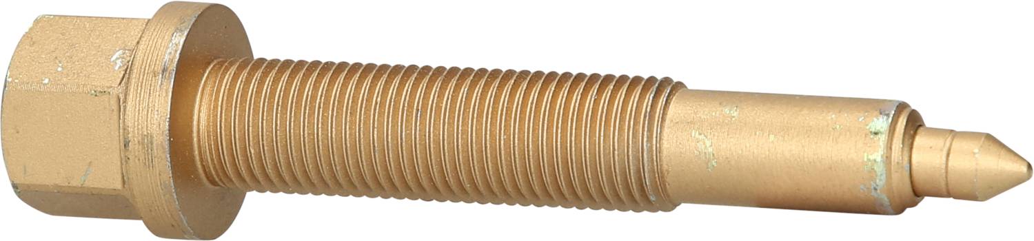 Ein goldener, zylindrischer Metallbolzen mit Gewinde und konischem Ende liegt horizontal auf weißem Hintergrund.