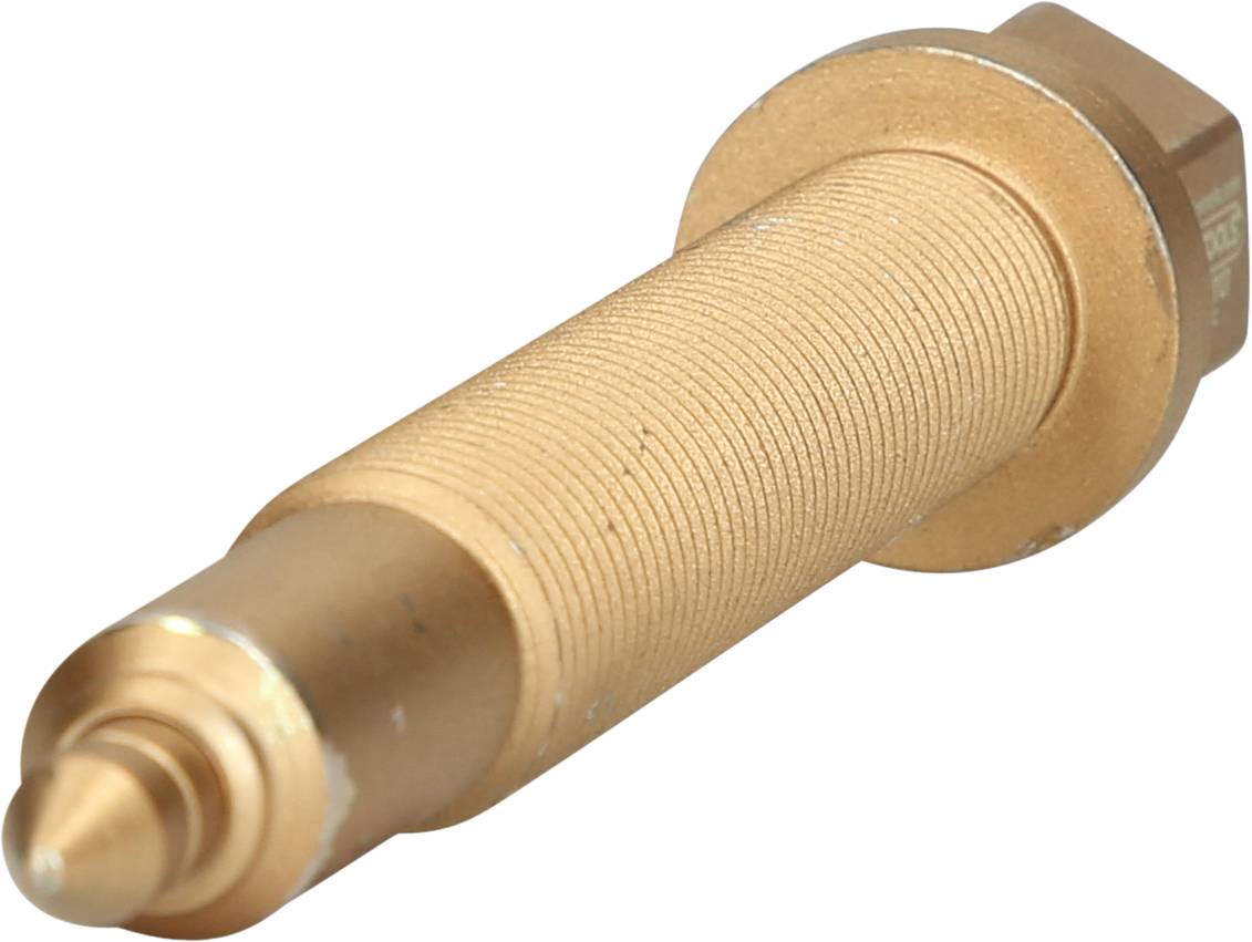 Ein goldfarbener, metallischer Bolzen mit geriffelter Oberfläche und abgerundetem Ende, vermutlich ein technisches Bauteil.