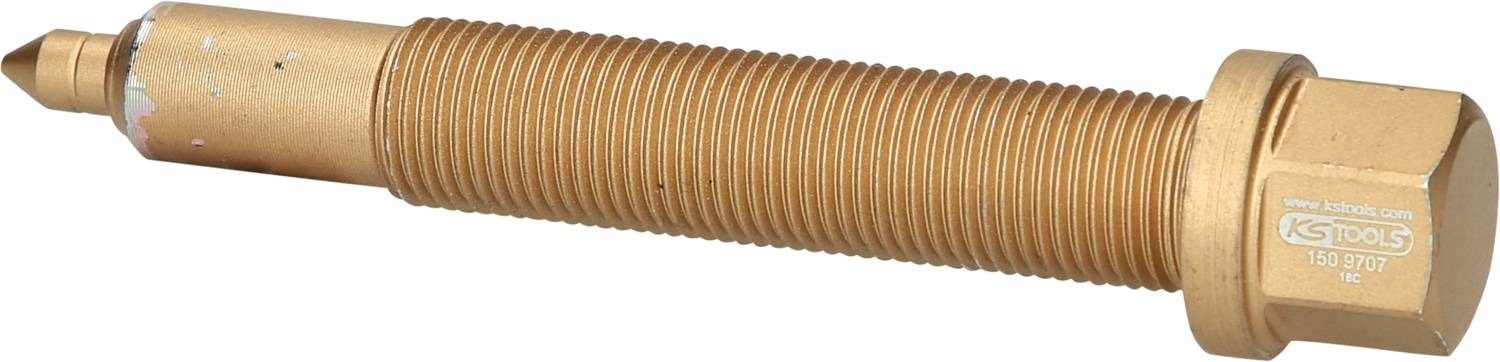 Zylindrisches, goldfarbenes Metallwerkzeug mit Gewinden und sechseckigem Kopf, möglicherweise ein Ventil oder Adapter.