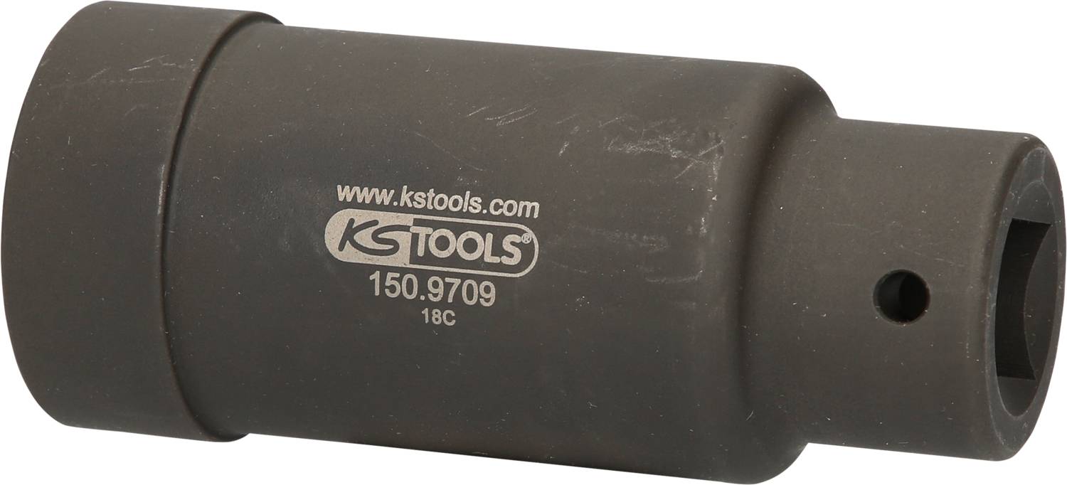 Schwarze, zylindrische Nuss, beschriftet mit 'www.kstools.com, KS Tools, 150.9709, 18C'. Werkzeug für mechanische Arbeiten.