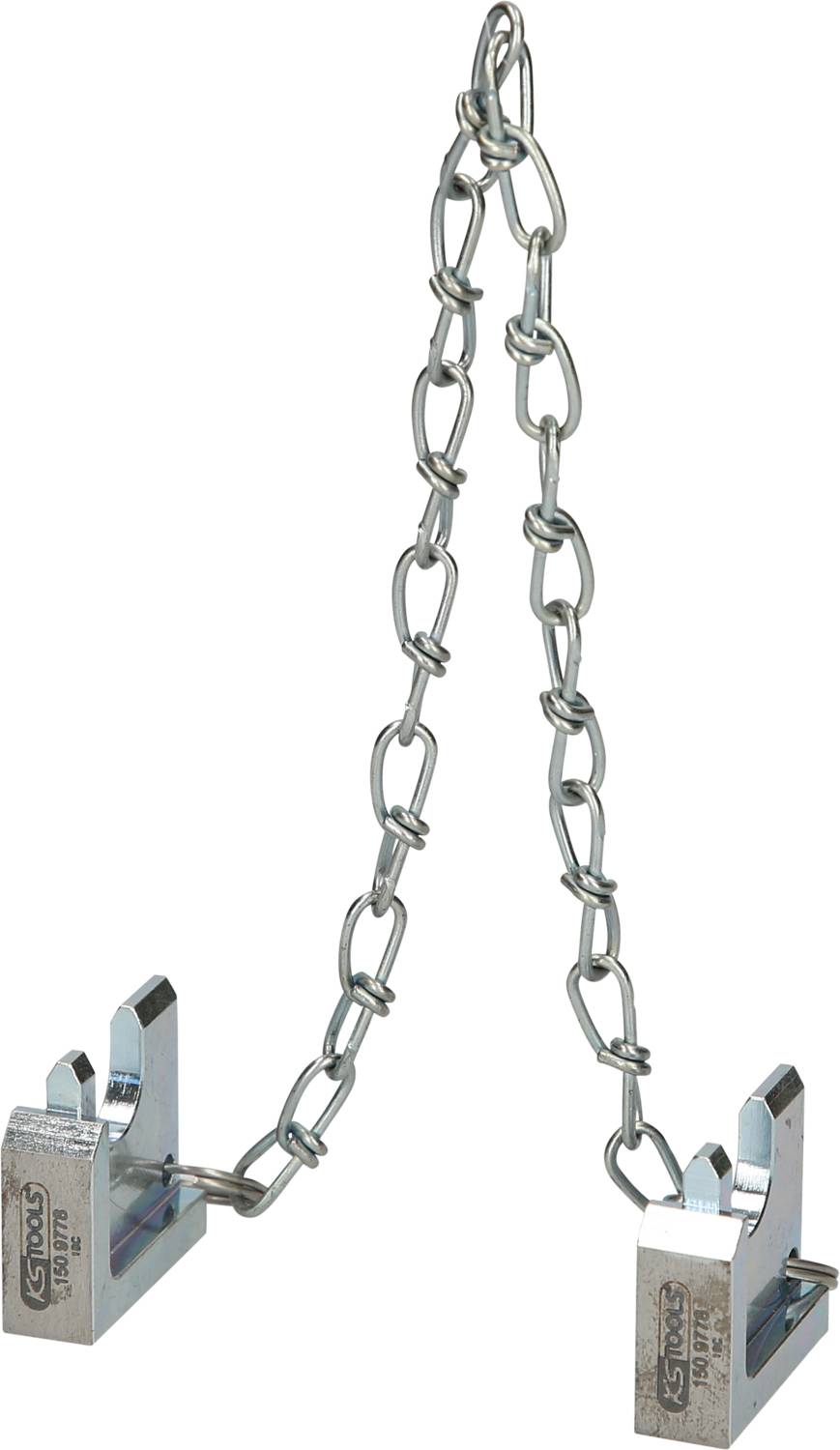 Zwei Metallschlösser sind durch eine Kette verbunden. Die Schlösser sind silbern glänzend und zeigen eine stabile Sicherheitsverbindung.