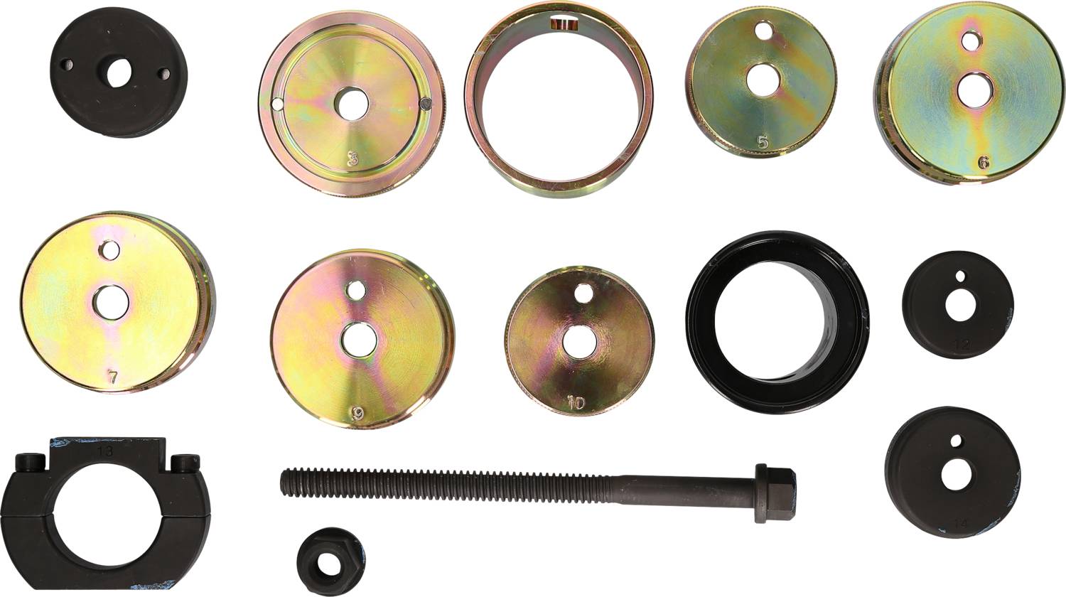 Verschiedene Ringe und Werkzeuge aus Metall, einschließlich Schrauben und Halterungen, die für Maschinenmontage verwendet werden könnten.