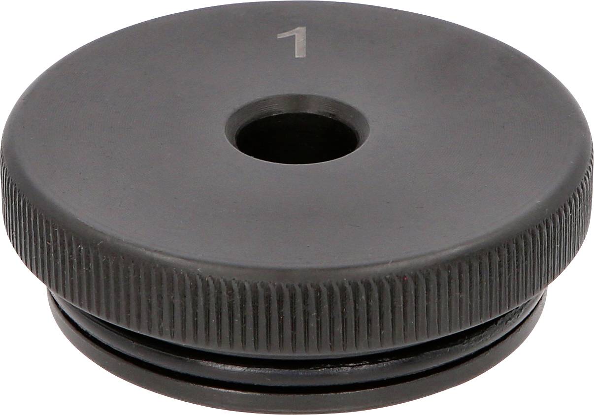 Schwarzer kreisförmiger Industrialabstandhalter oder Grommet mit zentralem Loch und Markierung „1