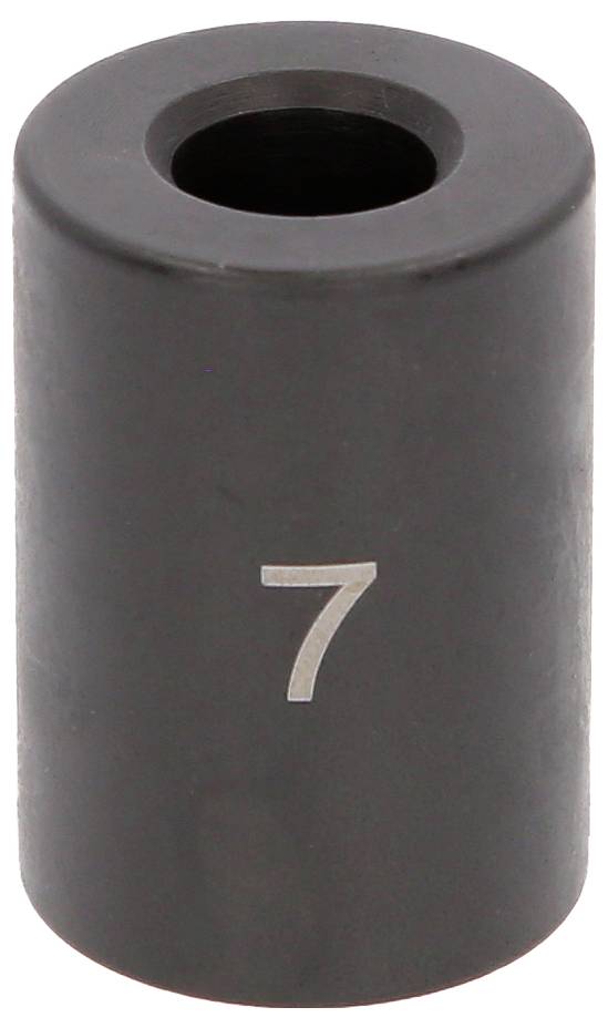 Schwarzes zylindrisches Gewicht oder Distanzstück mit der Markierung '7' und einem zentrierten Loch oben.
