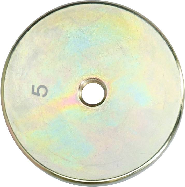 Gewichtsscheibe mit Loch in der Mitte und Zahl '5' geprägt auf der Oberfläche, zeigt metallischen Glanz mit leichten Regenbogenfarben.