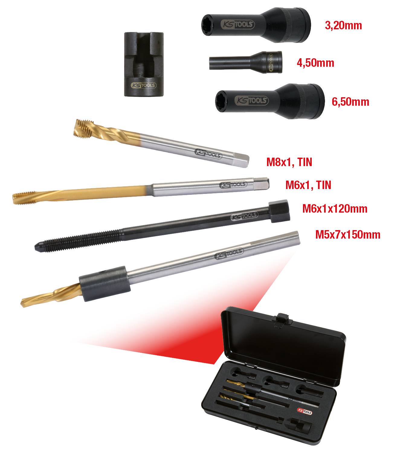 KS Tools 152.1020 Universal Glühkerzen-Ausbohrsatz M8 x 1, 8-tlg