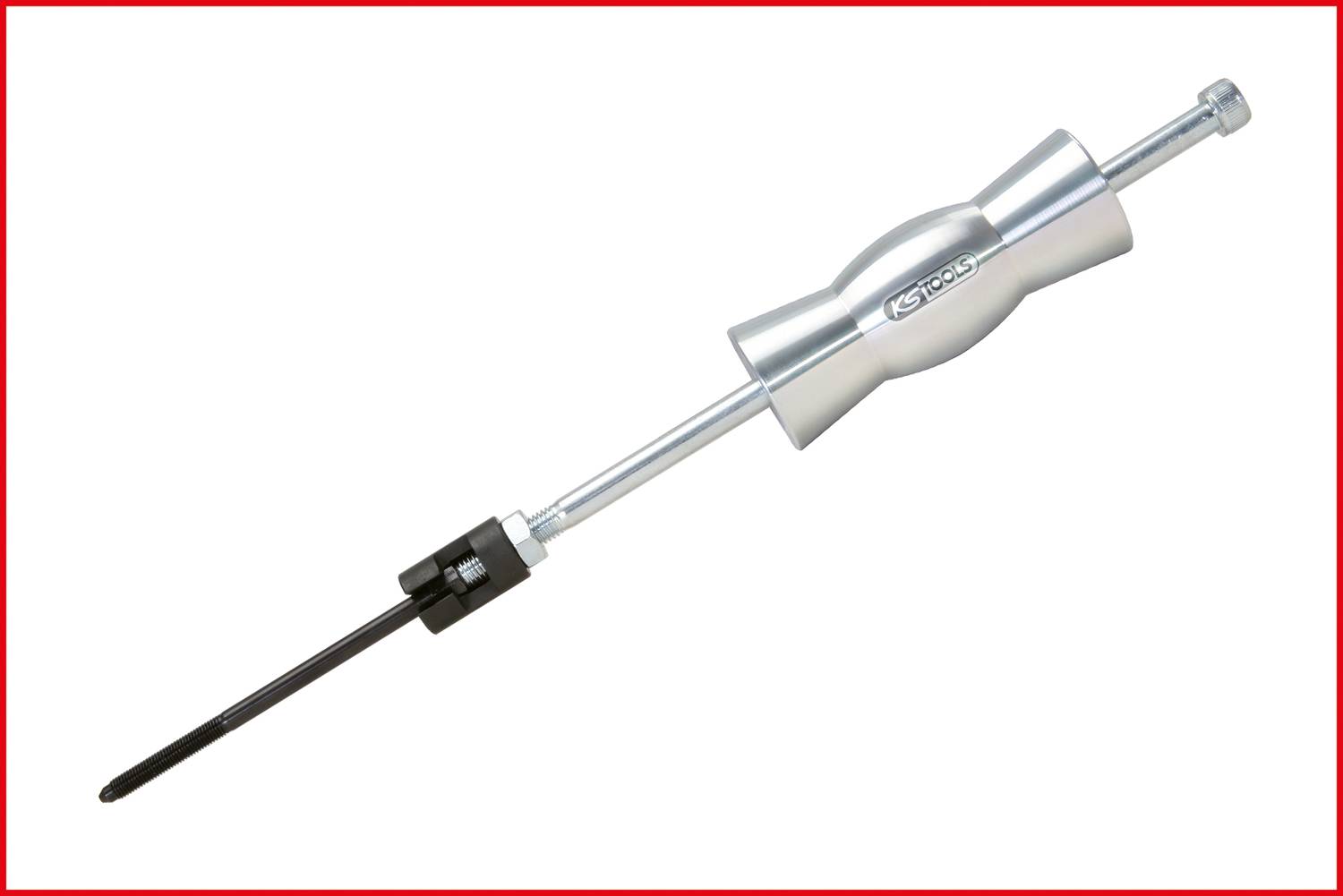 Ein Ausbeulwerkzeug mit ergonomischem Griff, bestehend aus einem langen Metallstab mit abnehmbarem Aufsatz und Schiebehammer.