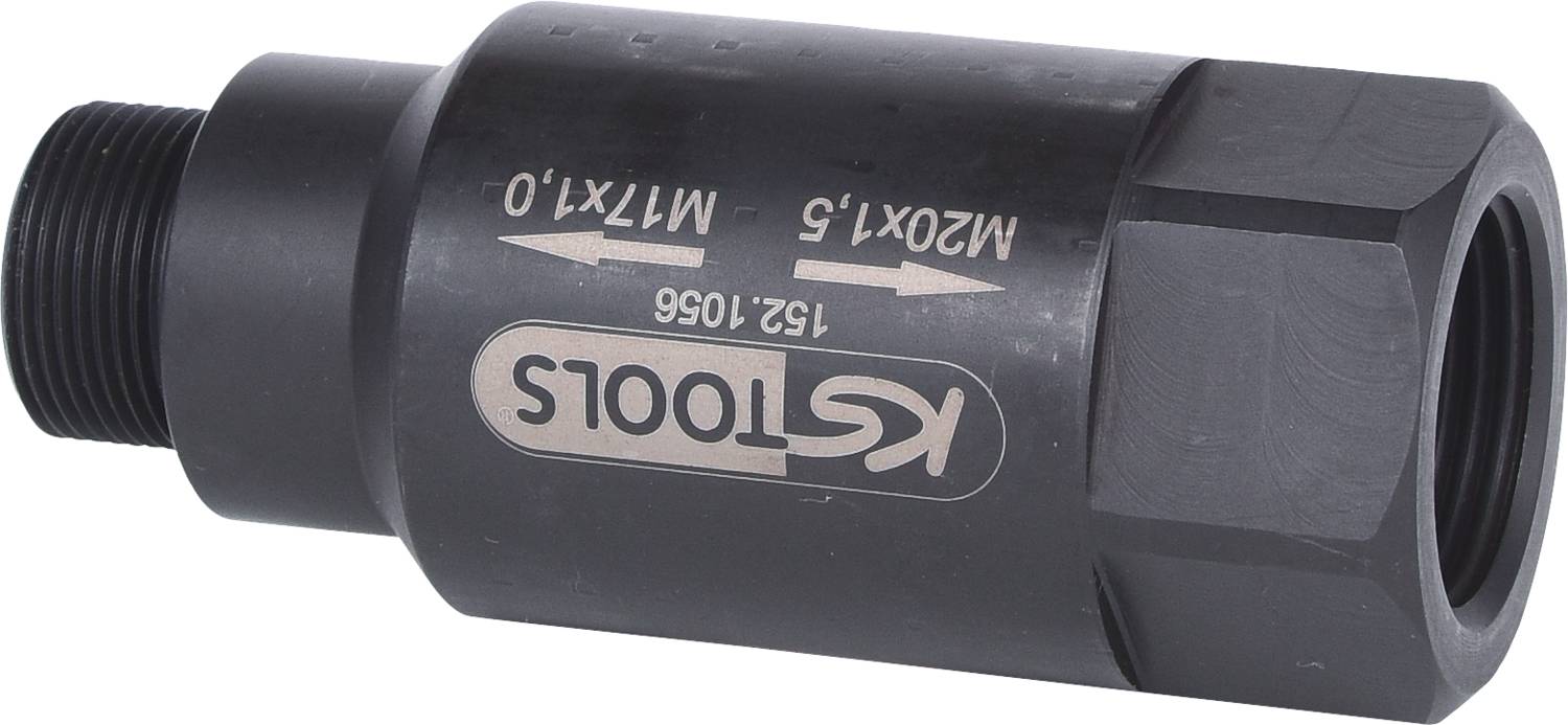 Ein schwarzer Metalladapter mit Aufschrift 'KS TOOLS' und Gewinde an beiden Enden. Geeignet für verschiedene mechanische Anwendungen.