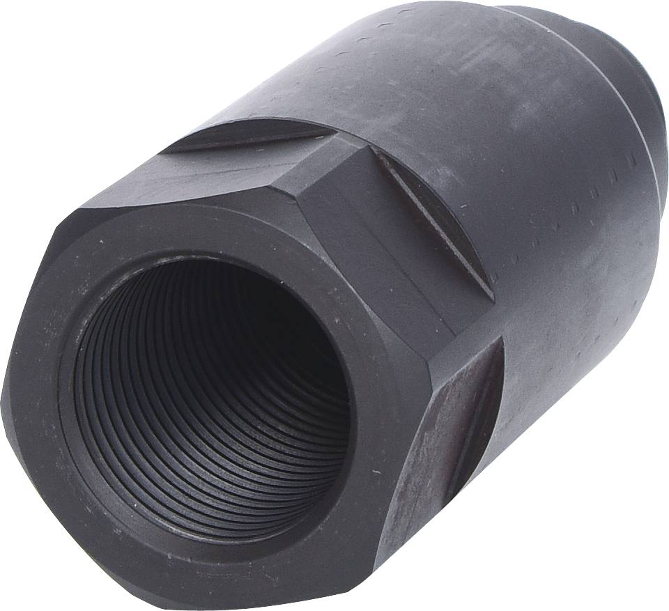 Ein schwarzes, zylindrisches Metallteil mit Innengewinde, offenbar ein Befestigungselement oder Adapter.