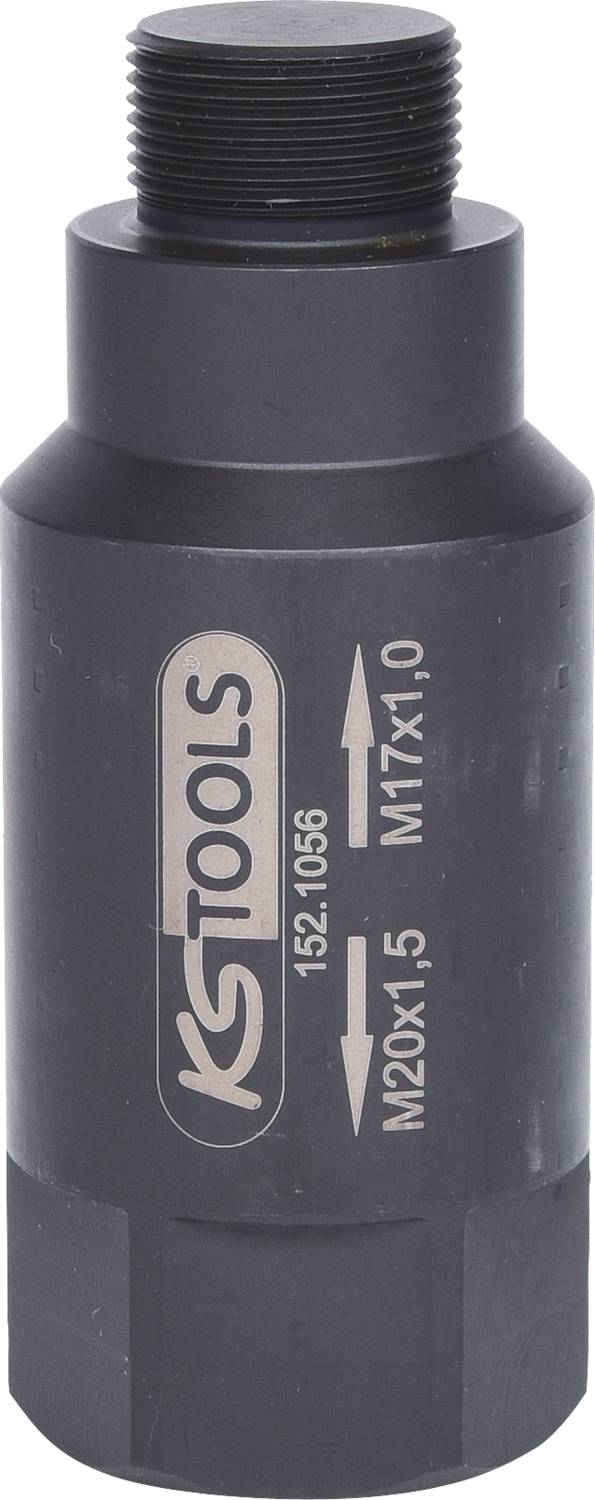Der Adapter von KS Tools hat die Aufschrift 'M17x1.0' und 'M20x1.5'. Schwarzes Metallwerkzeug mit Schraubgewinde.