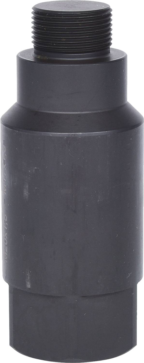 Ein schwarzer zylindrischer Adapter mit Gewinde an einem Ende, möglicherweise aus Metall, für industrielle oder technische Anwendungen.