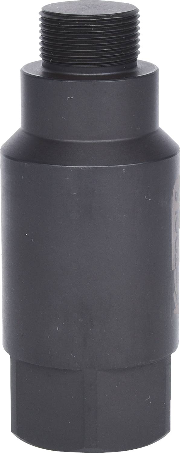 Schwarzer zylindrischer Metalladapter mit Gewinde an der Spitze und einer breiten Basis. Geeignet für mechanische oder industrielle Anwendungen.