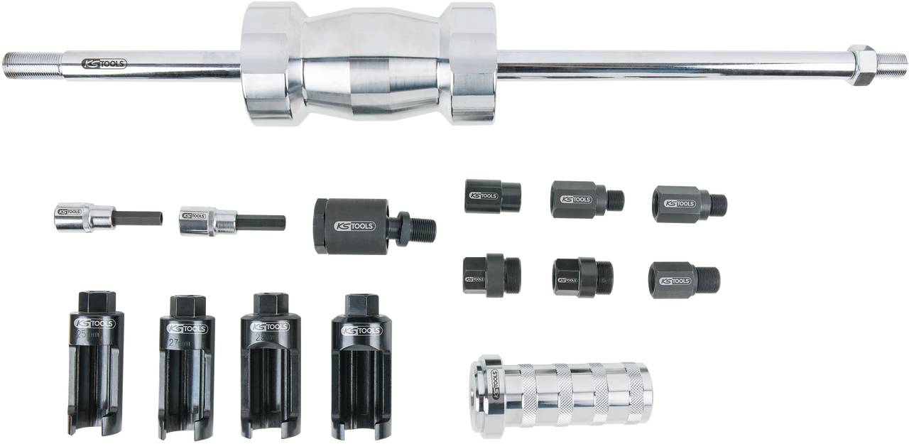 Ein Set von Autowerkzeugen, darunter ein langer Griff und verschiedene Adapter, die zur Reparatur oder Wartung von Fahrzeugen verwendet werden.