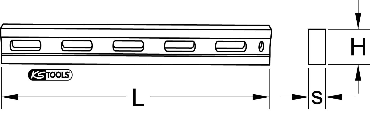 Illustration einer Werkzeughalterung von KS Tools mit den Maßen: Länge (L), Höhe (H) und Stärke (S) angegeben.