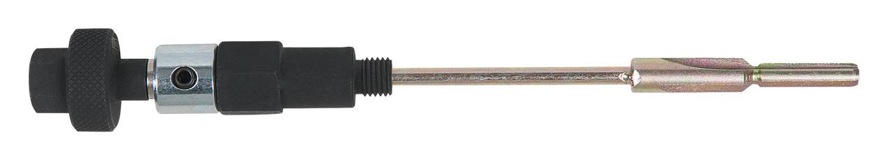 Ein schwarzer und silberner mechanischer Adapter mit Schraubmechanismus und langem schmalem Schaft, horizontal ausgerichtet.