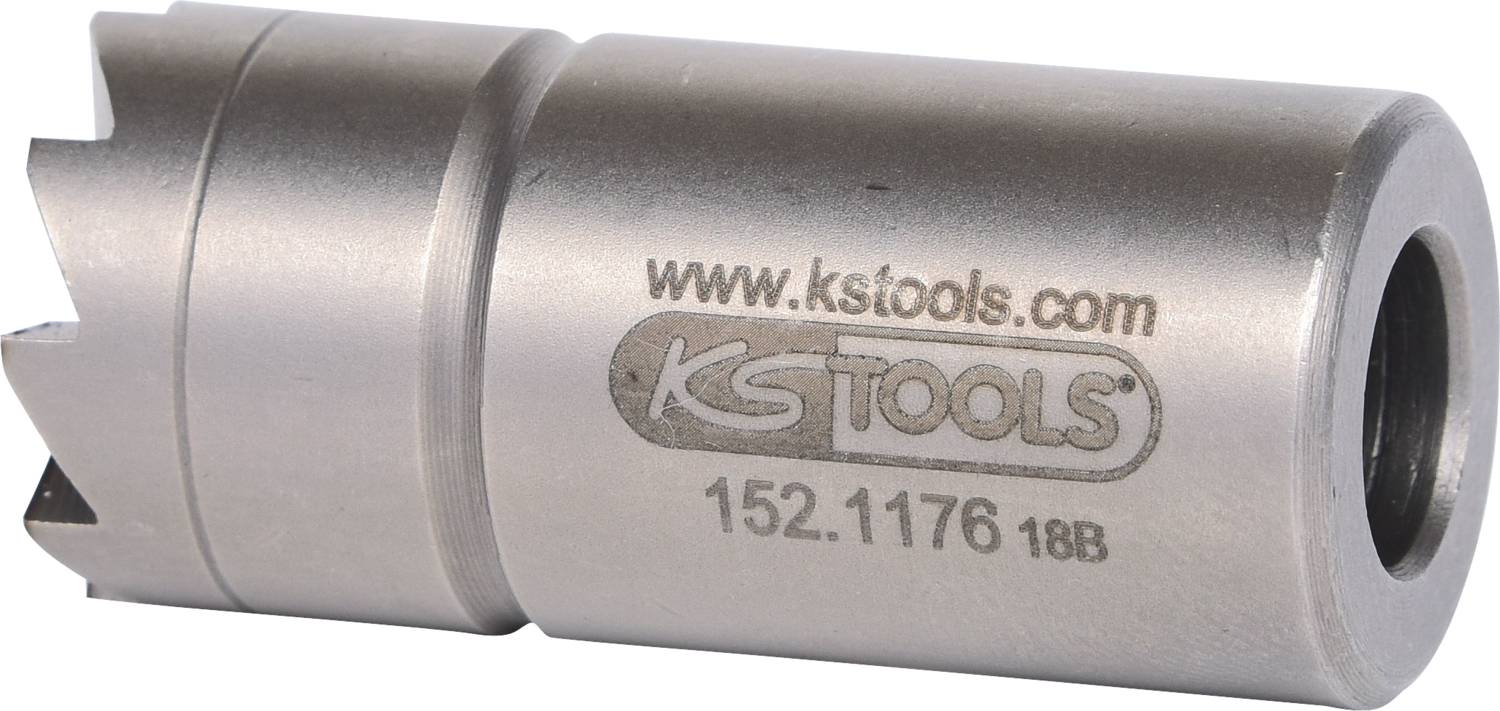 Zylinderförmiger Metallaufsatz mit gezacktem Rand und der Aufschrift 'www.kstools.com KS TOOLS 152.1176 18B'.