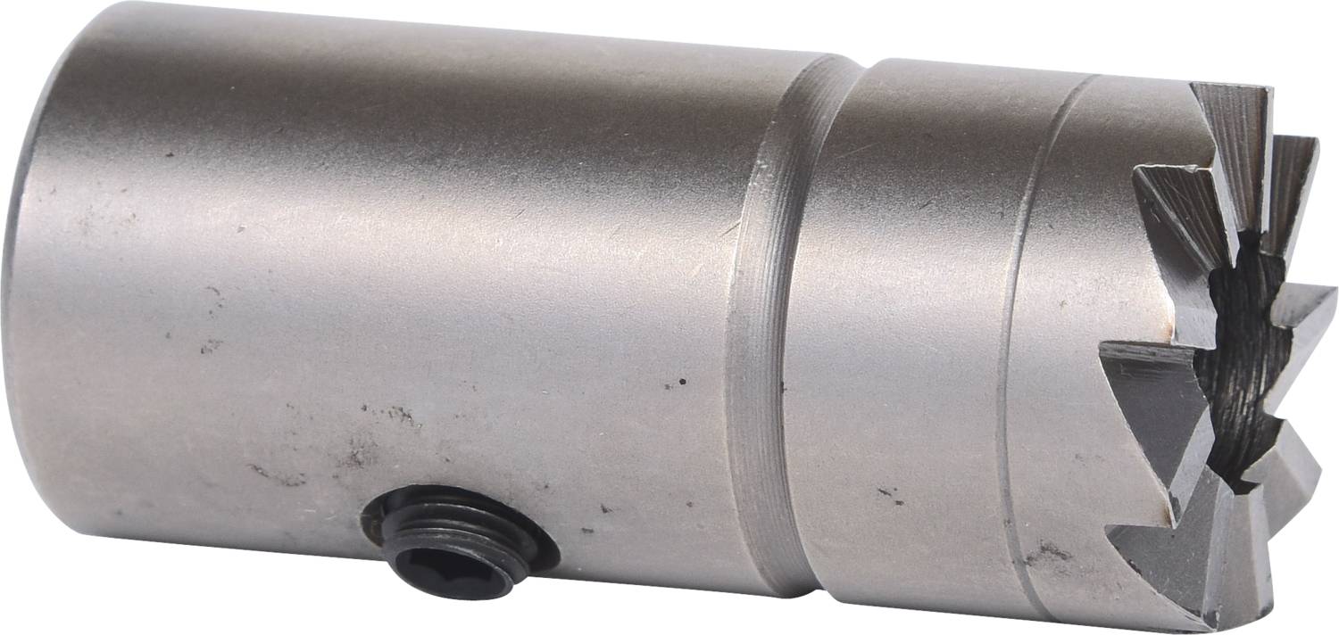 Zylindrisches Metallwerkzeug mit gezackter Schneidfläche und Befestigungselement an der Seite, vermutlich für industrielle Bearbeitungszwecke.
