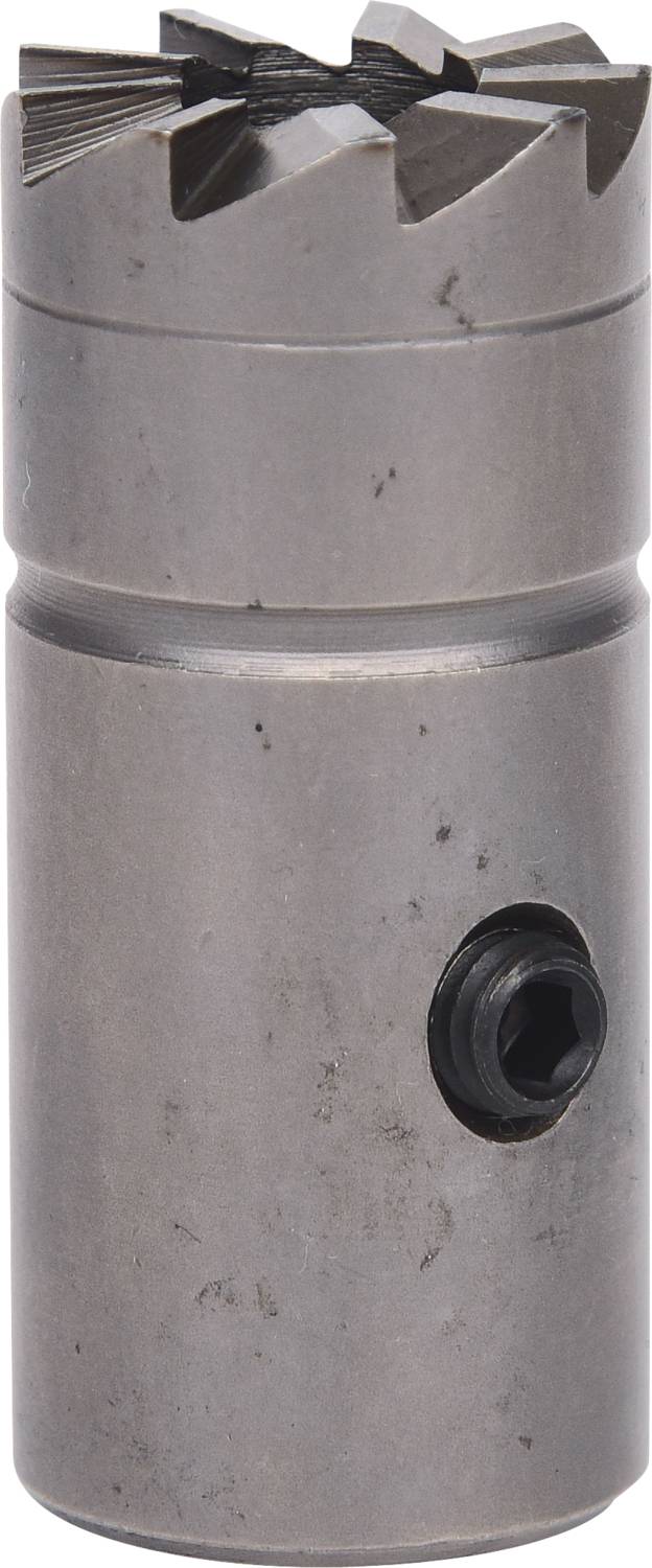 Ein zylindrisches Fräswerkzeug mit scharfen Schneidezähnen, geeignet für Metallbearbeitung. Eine seitliche Schraube ist sichtbar.