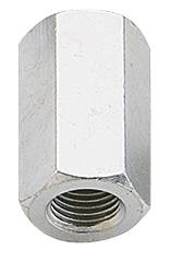 Sechskant-Kupplungsmutter aus Metall, zur Verbindung von zwei Gewindebolzen oder Schrauben, silberfarben.