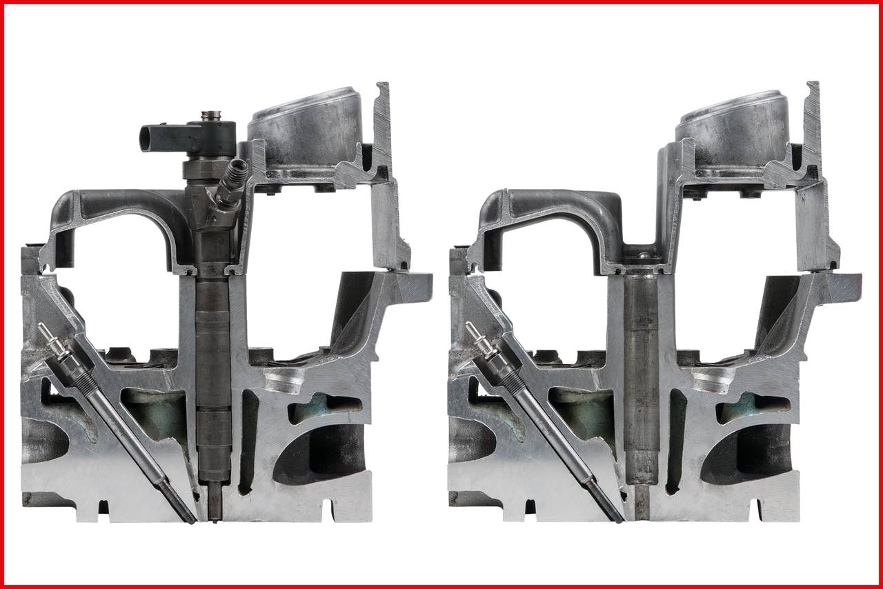 Zwei nebeneinander gestellte Querschnittmodelle eines Motors zeigen interne Mechanismen und Strukturteile.