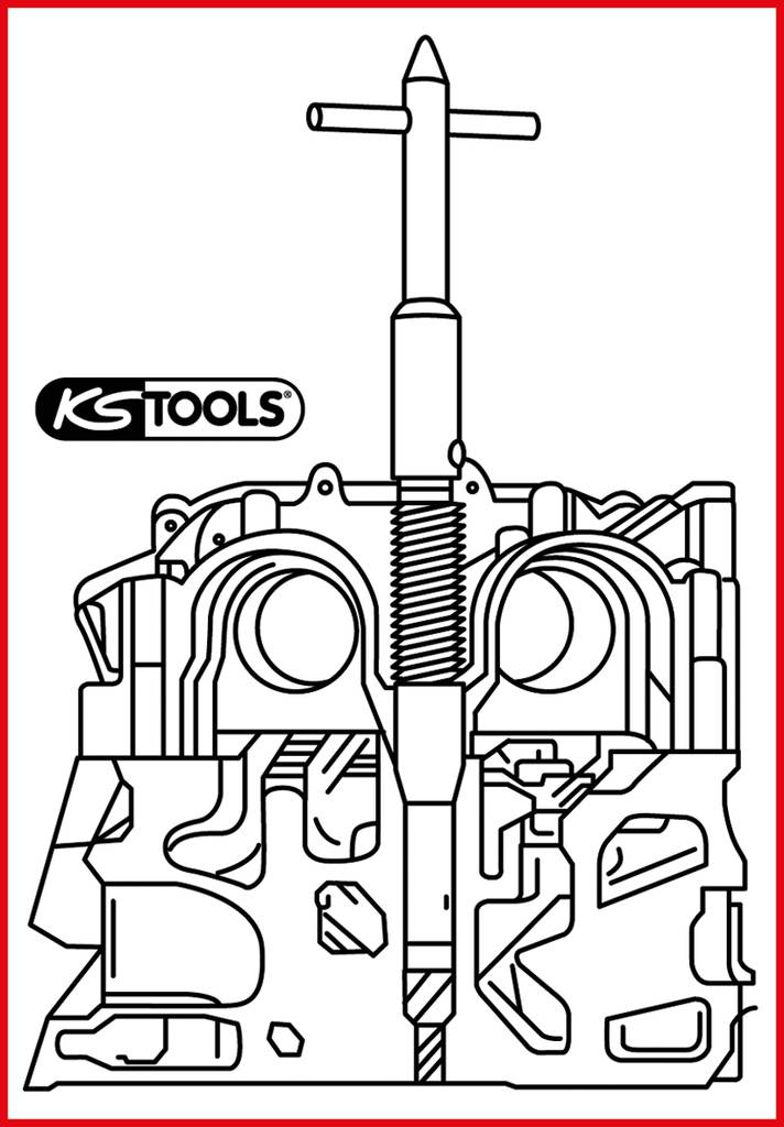 Ein technisches Diagramm zeigt ein Werkzeug zum Ausbau von Zylinderkopfbohrungen. Oben ist das Logo 'KS TOOLS'.