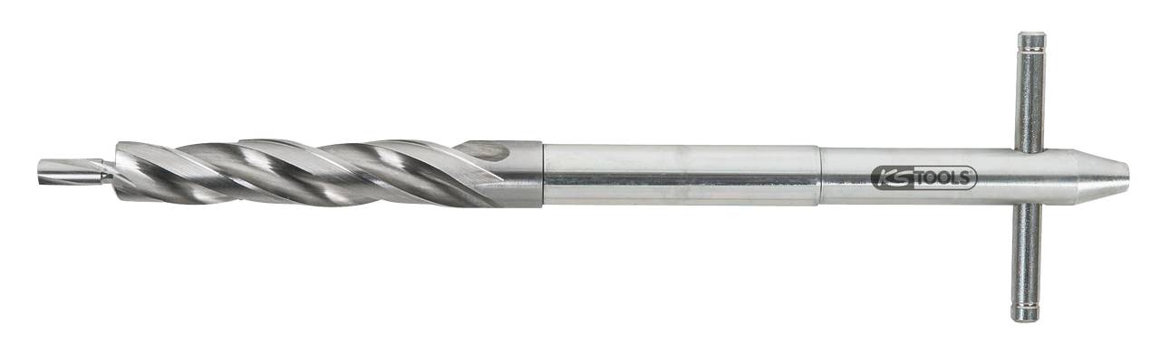 Bohrer mit integriertem Griff, geeignet für Hand- oder Bohrmaschinen. Hauptmerkmal: spiralige Metallspitze für präzises Bohren.