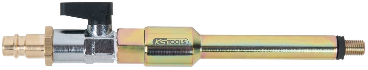 Metallschlauch mit Absperrhahn und Stecker, von KS Tools. Das Produkt hat einen messingfarbenen Korpus und wird für Druckluftanwendungen genutzt.
