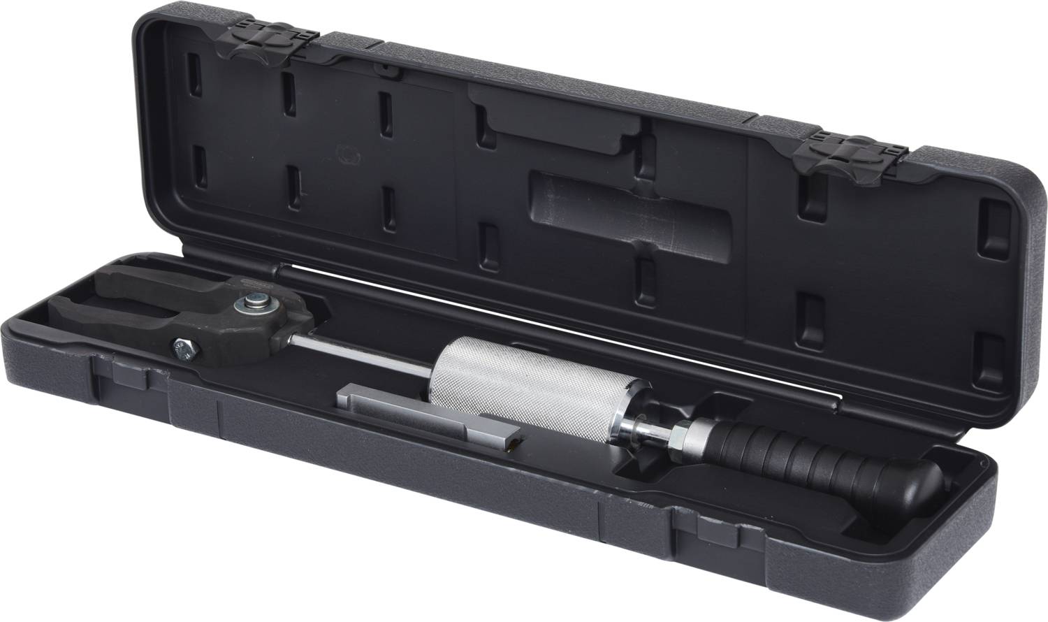 Ein schwarzer Werkzeugkoffer enthält ein Zughammer-Set mit Griff, Gewicht, und Befestigungsteil, verwendet für Reparaturarbeiten.
