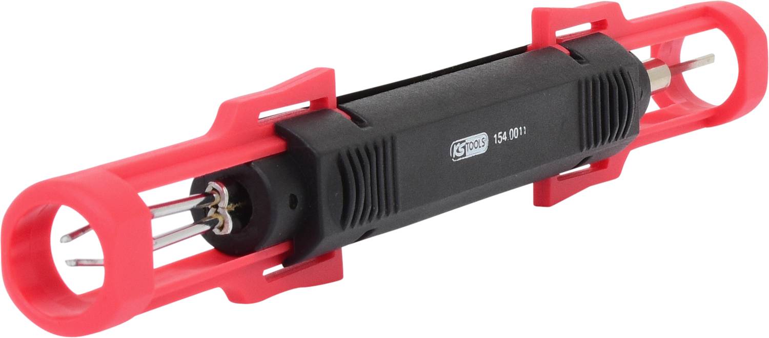 Roter und schwarzer elektronischer Prüfadapter mit vier Metallstiften zur Verbindung und Überprüfung von elektrischen Schaltungen.