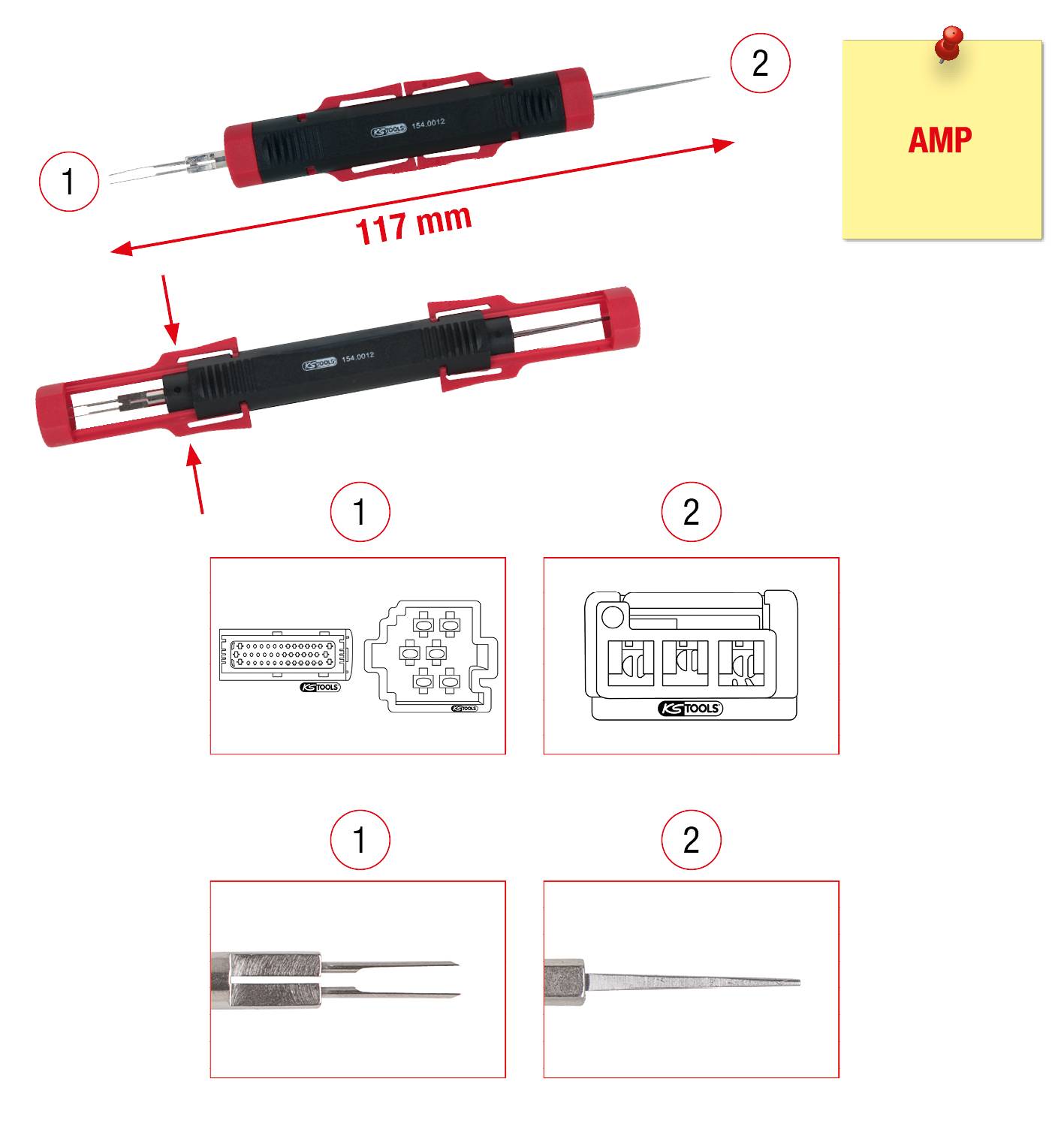 AMP Pin-Abzieher-Werkzeug, 117 mm Länge. Oben Draufsicht, unten Detailansicht der Pinzange. Geeignet zum Entnehmen von Pins.
