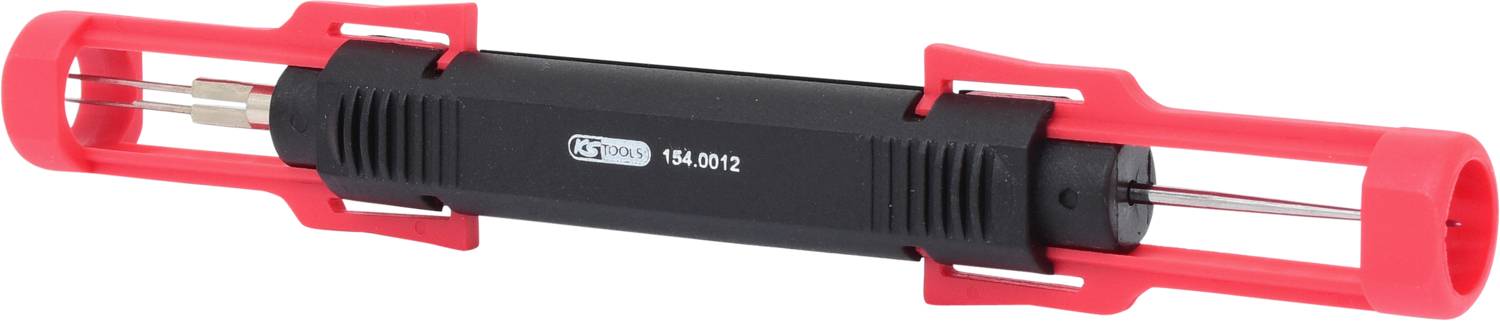 Entnahmewerkzeug für Elektronikstecker, rot-schwarz, mit zylindrischen Griffen und feinem Metallpin.