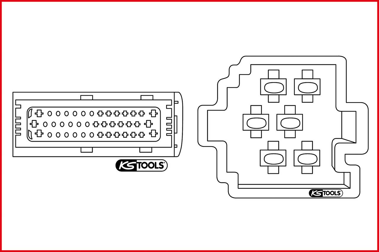 Zeichnung eines Mehrpolsteckers und einer Steckdose. Beide zeigen die Anschlussstifte in einem mechanischen Diagramm.