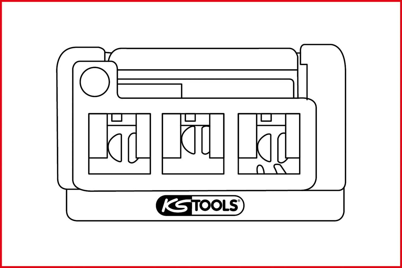 Eine technische Skizze zeigt einen rechteckigen Adapter mit drei Steckplätzen, beschriftet mit 'KS TOOLS'.