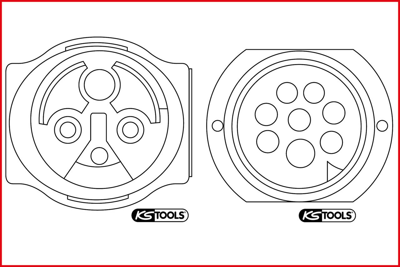 Zeichnung von zwei Anschlusssteckern für Elektrofahrzeuge mit Logos von KS Tools, zeigt Details der Steckverbindungen von vorn.