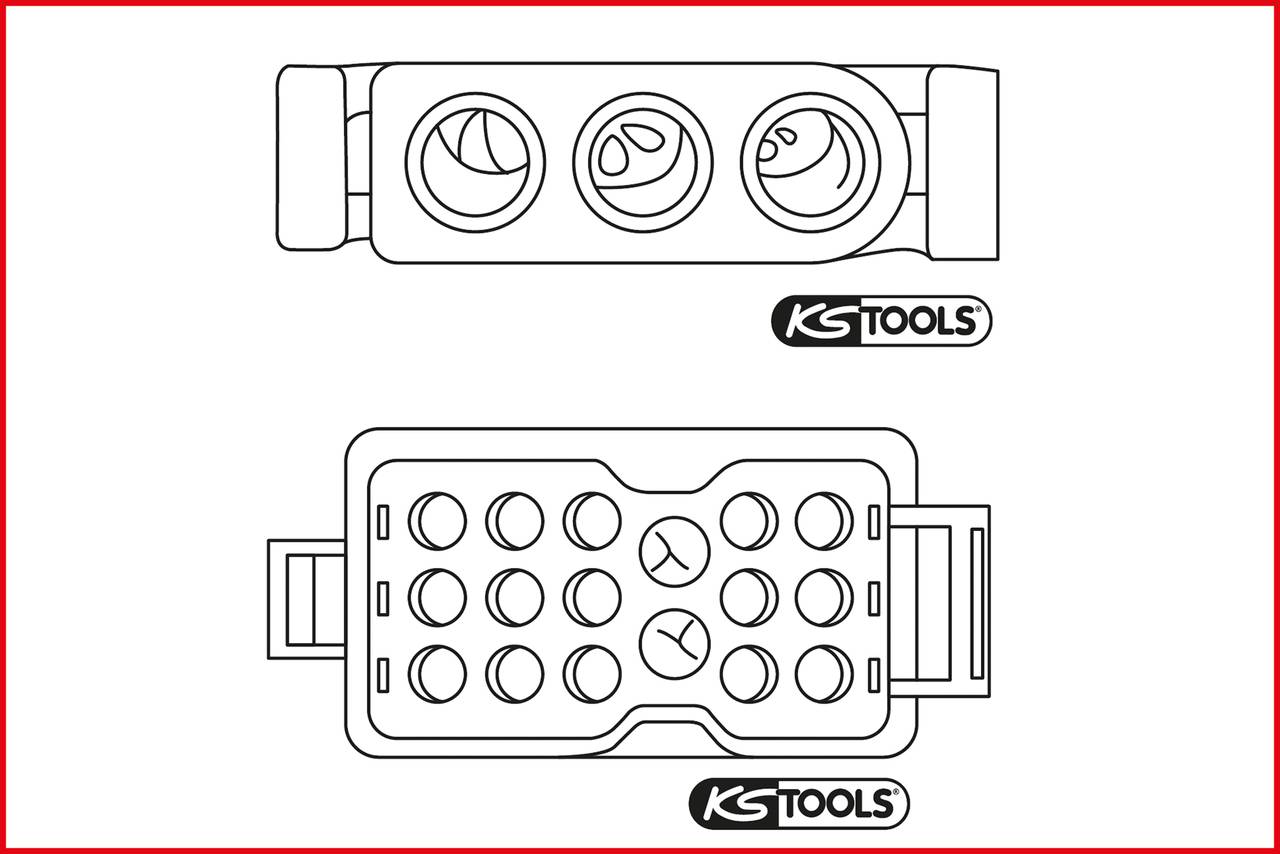 Technische Zeichnung eines Steckers mit Mehrfachanschlüssen und KS Tools-Logo. Zeigt Vorder- und Draufsicht mit Anschlüssen und Details.