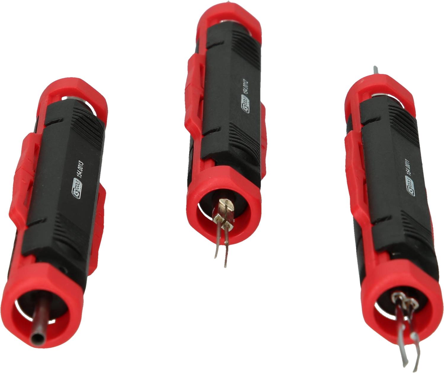 Drei rote und schwarze Werkzeuge mit Metallspitzen, vermutlich zum Testen von elektrischen Verbindungen.