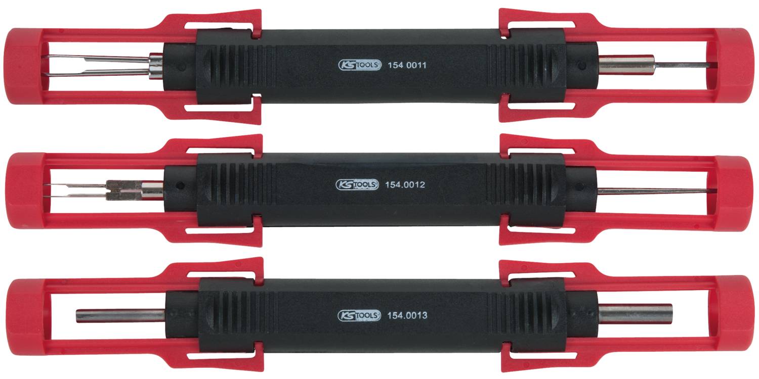Drei rote Spezialwerkzeuge mit schwarzem Griff von KS Tools, Modellnummern 154.0011, 154.0012 und 154.0013, liegen parallel.