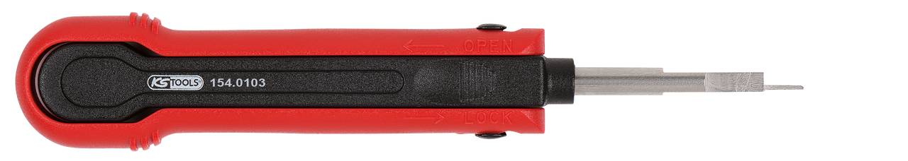 Roter Schraubenzieher mit einem schwarzen Griff und silberner Spitze, geeignet für feine Präzisionsarbeiten.